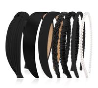 VELSCRUN Lot de 7 bandeaux pour femme - Différents noirs - Noirs - Noirs - Avec perles - Antidérapants - Pour femme - Cheveux courts et fins - Accessoires pour lavage du visage