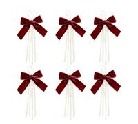 Velvet Bows - Pearl Ribbon Christmas Ornaments | 6 Piece Decorative Bow Set