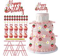 VelvetGlow 71 pièces décorations gâteau fraise nœud, Bonne Anniversaire topper gâteau fraise et cupcake, décorations nœud pour baby shower fête prénuptiale cérémonie de diplôme
