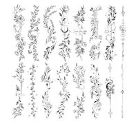 VelvetGlow Blume tatouages temporaires pour femmes et filles, 16 feuilles de tatouages floraux noirs esquisse de plantes sauvages, tatouage imperméable pour bras clavicule art corporel