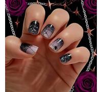 VelvetGlow Halloween Press On Nails, Ongles Carrés Courts Fausse avec Dégradé Noir Scintillant et Design Toile d'Araignée, Ongles Acrylique Brillants pour Femmes et Filles, 24 Pcs