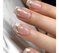 VelvetGlow Kurze Quadratische Press On Nails, Cat Eyes French Tip Ombre Faux Ongles avec lignes dorées, Gel brillant acrylique, Couverture complète adhésif, Été paillettes, 24 Pcs