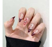 VelvetGlow Ongles Press On French Tip Rouges, Forme Amande Moyenne, Design de Fleurs 3D, Couverture Complète Brillante en Acrylique Faux Ongles pour Femmes, Idéal pour Décorations de Manucure