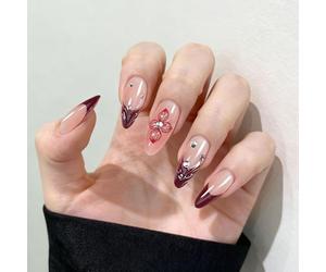 VelvetGlow Ongles Press On French Tip Rouges, Forme Amande Moyenne, Design de Fleurs 3D, Couverture Complète Brillante en Acrylique Faux Ongles pour Femmes, Idéal pour Décorations de Manucure