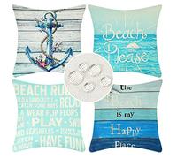 Velvhom Housses de Coussin 50 x 50 Taie d'oreiller d'extérieur pour Canapé Océan Ancre Plage Mer Bleu Lin Housse Coussin d'été Salon Lit Chambre Chaise Jardin Meubles, Lot de 4