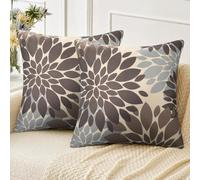 Velvhom Housses de Coussins Canapé 50x50 en Lin Marron et Gris Taie d'oreiller Carré Boho Abstrait Fleur de Dahlia Motif Automne Hiver Jardin Maison Salon Chambre Noël Déco, Lot de 2