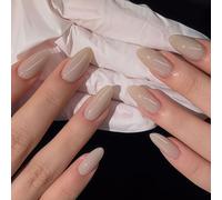 Velvoria 30 pièces ongles à presser, pointes d'ongles amande transparentes beige lait, onglets longs à coller, brillants lisses naturels minimalistes élégants pour manucure