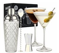 VEMACITY - Ensemble shaker cocktail Silver Luxury Home Mixology avec accessoires argents + 2 verres expresso Martini nervurs - Shaker en ve