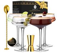 Vemacity,Lot de 4 verres à martini de luxe, cuillère à cocktail dorée et doseur,Grands verres à martini inclinés à motif de fruits de la passion et expresso + eBook de recettes (français non garanti)