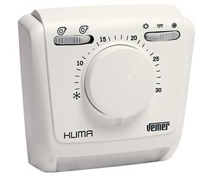 VEMER VE024600 KLIMA 2V - Thermostat d'ambiance Mécanique avec Bouton pour Ventilo-Convecteur, Fonction Chauffage et de Refroidissement, Sélecteur 2 Vitesses + Sélecteur été/hiver, Blanc