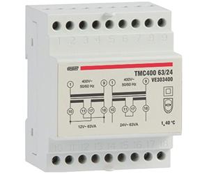 VEMER VE303400 TMC 400 63/24 - Transformateur 24V pour Service Continu, Tension Primaire 400V, Tension Secondaire 12-24V, Puissance 63VA, Installation sur Rail Din, Blanc