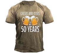 VEMOW Cheers and Beers to My 50 Years Lettre Imprimée T-Shirt à Manches Courtes pour Hommes T - Shirt pour Hommes Été Décontracté (Khaki, L)