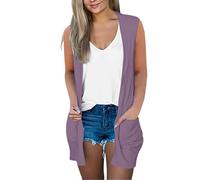 VEMOW Gilet Long Femme Femme Casual Imprimé Massif Manteau Col V à L’Avant Ouvert Cardigan Léger sans Manches Manteau Ample avec Poches (Purple, XXXL)