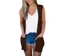 VEMOW Gilet Long Femme Femme Casual Imprimé Massif Manteau Col V à L’Avant Ouvert Cardigan Léger sans Manches Manteau Ample avec Poches (Brown, XXL)