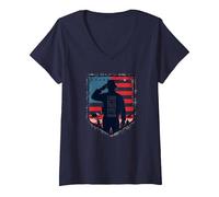 Vendredi Rouge, Terre Patriotique Militaire des Braves Libres T-Shirt avec Col en V, Femme, Bleu Marine, S