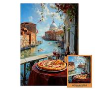 Venice Balcony Puzzle à pizza Romantic Canal View Wooden Jigsaw with Wine & Sunset | Italy Travel Art Gift for Food Lovers and Decor Fans (M-100PIECES)