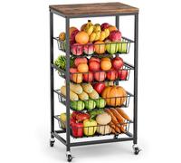 Venkuber Chariot de cuisine à 5 niveaux sur roulettes avec rangement, panier à fruits avec paniers coulissants et dessus en bois, organiseur de cuisine pour fruits, légumes, collations (marron)
