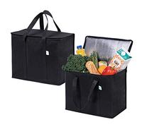 VENO Lot de 2 Sac Isotherme Pliable Isolation Réutilisable, Epicerie Alimentaire, Sac de Course, Robuste, Grand, Anses Durables, Fermeture Eclair Double Patte, Couverture, Debout (Noir)