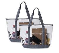 VENO Lot de 2 Sac Transparent avec fermeture éclair et poche frontale, Sac fourre-tout en PVC, Sac de plage pour Voyage, Shopping, Sport et Travail (Lot de 2, Gris)