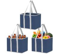 VENO Lot de 3 Sacs de Courses et Cabas Réutilisables avec Poignée, Sac Shopping Résistant, Base Renforcée, Sac Caddie Pliable, Tote Bag, Debout (Bleu foncé, Lot de 3)