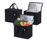 VENO Lot de 3 sacs d'épicerie isothermes réutilisables, sac isotherme, très résistant, grande taille, poignées durables, fermeture éclair, couvercle, tient droit, pliable, durable