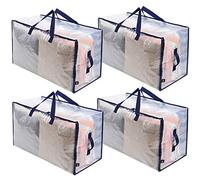 VENO Lot de 4 Grands Sac de Rangement avec Couvercle et Poignées Renforcées, Cartons Déménagement de 102 L Résistant pour Rangement des Vêtements et voyages, Sac à Linge (Transparent, Lot de 4)