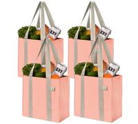 VENO Lot de 4 Sacs d'épicerie et sacs de courses réutilisables avec poignées et fond rigide de taille compacte et pratique. Fourre-tout utilitaire pliable, durable et robuste (Rose, Lot de 4)