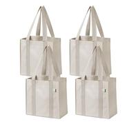 VENO Lot de 4 Sacs d'épicerie et sacs de courses réutilisables avec poignées et fond rigide de taille compacte et pratique. Fourre-tout utilitaire pliable, durable et robuste (Beige, Lot de 4)