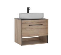 Venprodin - Ensemble Salle de Bain KNIDOS avec Lavabo, Tiroir & Miroir LED 90 cm - 74x91x52 cm - Meuble Chêne Naturel - Design Chaleureux & Fonctionnel pour Salles de Bain Modernes, Accueillantes