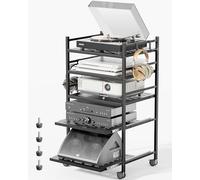 venrey Support audio avec roulettes, armoire stéréo à 5 niveaux, étagère de console de jeu en métal avec panier de rangement et crochets, chariot multimédia roulant, idéal pour tourne-disque, PS5