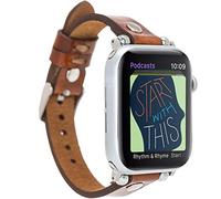 VENTA® Bracelet fin en cuir véritable pour Apple Watch 1/2/3/4/5 Compatible avec Apple Watch Bracelet de rechange en cuir véritable (42-44 mm/marron selle / VA18-RST2EF) + kit d'adaptateurs argenté