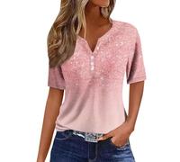 Vente Flash du Jour Et Soldes,Tenue De Sport Femme VêTements De Sport pour Femme Chemisiers Et Blouses T-Shirts à Manches Courtes Imprimé Bouton Col en V Haut Régulier Blouse(Light Pink,M)