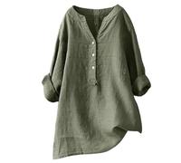 Vente Flash HUIFUAO T-Shirt d'été Ample en Coton et Lin à Manches Longues avec Poche boutonnée pour Femme, Z05 Vert Kaki, XL
