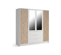 Armoire 4 portes et 3 tiroirs - Avec miroir - L196 cm - Coloris : Naturel et Blanc - LIRMADA