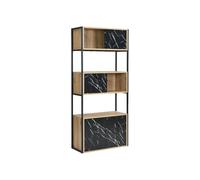 Vente-unique - Bibliothéque avec 4 Portes et 2 niches en MDF et Acier - Effet marbre Noir et Naturel - YELANIA