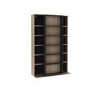Vente-unique - Bibliothéque coulissante avec 18 niches - Naturel et Anthracite - PRALI