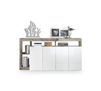 Buffet MAESTRO - Panneaux de particules - Effet Bois Vintage et blanc Laqué - 4 portes - L 184 x P 42 x H 93 cm