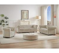 Vente-unique - Canapé 3 Places, 2 Places et Fauteuil en Velours Beige Chesterfield