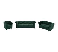 Canapé 3 places, 2 places et fauteuil en velours vert CHESTERFIELD