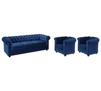 Vente-unique - Canapé 3 Places et 2 fauteuils Chesterfield - Velours Bleu Roi