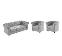 Canapé 3 places et 2 fauteuils CHESTERFIELD - Velours gris clair