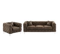 Canapé 3 places et fauteuil chesterfield en microfibre aspect cuir vieilli EDWINA