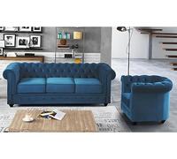 Vente-unique - Canapé 3 Places et Fauteuil Chesterfield - Velours Bleu Canard