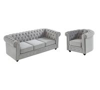 Vente-unique - Canapé 3 Places et Fauteuil Chesterfield - Velours Gris Clair