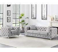 Vente-unique - Canapé 3 Places et Fauteuil en Velours Gris Clair Edwina