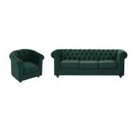 Vente-unique - Canapé 3 Places et Fauteuil en Velours Vert Chesterfield