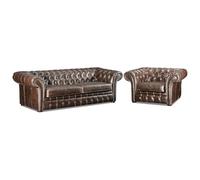 Vente-unique - Canapé 3 Places et Un Fauteuil 100% Cuir Vieilli Chesterfield CLOTAIRE