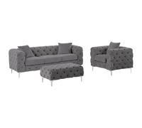 Canapé 3 places, fauteuil et pouf chesterfield en velours anthracite EDWINA