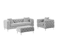 Canapé 3 places, fauteuil et pouf chesterfield en velours gris clair EDWINA