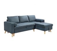 Vente-unique - Canapé d'angle Convertible et réversible en Tissu Bleu Canard avec Coffre de Rangement KORI